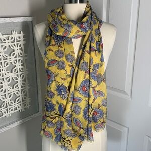 Yellow background with blue and red floral print scarf